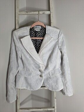 Carlisle Women's 8 White Textured Floral Silk Polka Dot Lining 2 Button Blazer